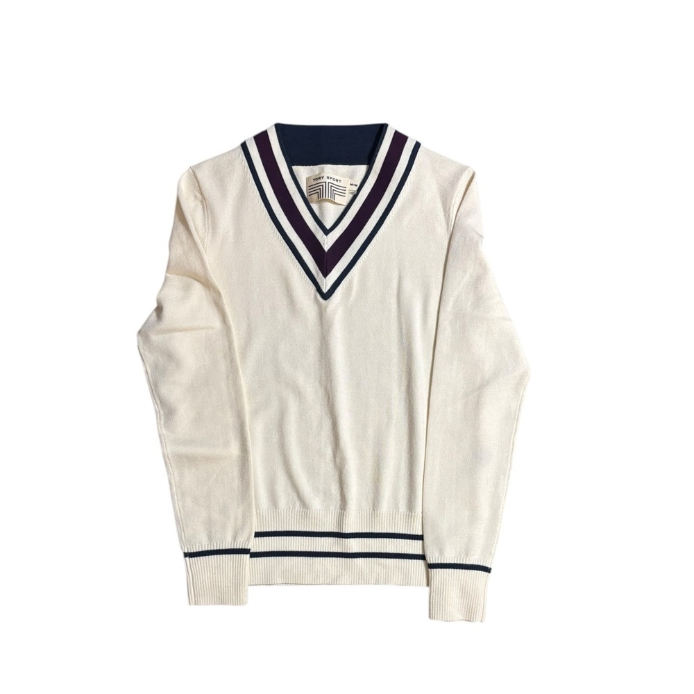 Tory Sport Cream V-Neck Sweater with Navy and Purple Stripes